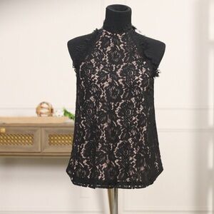 🆕 Olivia Grey Chic Black Lace Sleeveless Blouse NWT